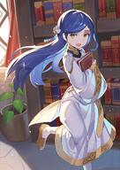 1_female bangs blue_hair blush book bookshelf braid braided_bangs bright_pupils commentary_request curtains d day eyes face facial_expression fanart fanart_from_pixiv female flower footwear gold_footwear gold_trim hair hair_flower hair_ornament high_resolution holding holding_book holding_object honzuki_no_gekokujou indoors legwear light_particles loafers long_hair long_sleeves looking_to_the_side maine_(honzuki_no_gekokujou) myne_(honzuki_no_gekokujou) open_mouth open_smile orange_eyes pixiv plant potted_plant red_curtains rin_falcon safe sankaku_channel shoes slip-on_shoes smile solo swept_bangs tied_hair walking white_legwear white_pupils white_robe wide_sleeves window yellow_footwear yutozin // 992x1403 // 1.1MB
