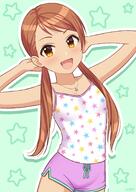 1_female arms_behind_head bangs blush brown_hair camisole collarbone commentary_request dolphin_shorts eyebrows face facial_expression female flat_chest green_background hair hands_up high_resolution highres hojo_karen houjou_karen idolmaster idolmaster_cinderella_girls jewelry lolibooru.moe long_hair long_sleeves looking_at_viewer low_twintails neck necklace open_mouth pink_shorts safe shorts simple_background smile solo star_(symbol) star_necklace star_print the_idolm@_cinderella_girls the_idolm@ster thighs tied_hair twintails wgm_oekaki white_camisole yellow_eyes younger // 1254x1771 // 222.4KB