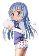 1_female 1_other absurd_resolution ass blouse blue_eyes blue_hair blue_vest blush chestnut_mouth clothing commentary eyes female female_focus food_print from_side gochuumon_wa_usagi_desu_ka? hair hair_ornament hairclip high_resolution kafuu_chino loli lolibooru.moe long_hair looking_at_viewer looking_back no_pants open_mouth panties parted_lips print_panties questionable rabbit_house_uniform safe shirt simple_background strawberry_panties strawberry_print thighs tippy tippy_(gochiusa) underwear untitled user_muhr7422 vest white_background white_panties white_shirt white_underwear yappariga こどもぱんつ ゆぐゆぐ スカート穿いてない 苺パンツ // 2894x4093 // 3.6MB