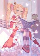 1_female _zero_kara_hajimeru_isekai_seikatsu beatrice_(zero) blonde_hair blue_eyes blush book bug butterfly capelet closed_mouth commentary_request crown dress drill_hair eyes face facial_expression female footwear from_below fur fur-trimmed_capelet fur_trim hair hair_ribbon holding holding_book holding_object insect long_hair mini_crown neck_ribbon pantyhose parupin pink_ribbon red_capelet red_dress ribbon safe shiny shiny_hair shoes sidelocks sitting smile striped striped_legwear symbol-shaped_pupils tied_hair twin_drills twintails // 700x989 // 142.1KB