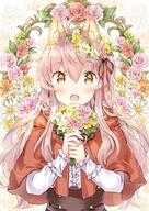 1_female 1girl ahoge animal_ear_fluff animal_ears bangs blush bouquet buttons capelet center_frills clothing commentary_request double_breasted ears explicit eyebrows eyebrows_visible_through_hair face facial_expression fang female flower flower_wreath frilled_cuffs frilled_sleeves frills hair hair_between_eyes hair_flower hair_ornament hair_ribbon hands_up holding holding_bouquet holding_flower hood hood_down hooded_capelet light_brown_hair long_hair long_sleeves looking_at_viewer o open_mouth original pink_flower pink_hair pink_rose point_of_view red_capelet red_flower red_ribbon red_rose ribbon rose safe shirt sidelocks smile solo tareme underbust upper_body very_long_hair wataame27 wavy_hair white_flower white_shirt wolf-chan_(wataame27) wolf_ears wreath yellow_eyes yellow_flower // 627x885 // 967.0KB