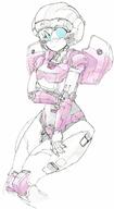1girl arcee autobot blue_eyes blush hand_on_own_arm highres ink_(medium) looking_at_viewer mecha no_humans science_fiction sitting smile solo tenkiamet traditional_media transformers white_background // 1122x2049 // 163.3KB