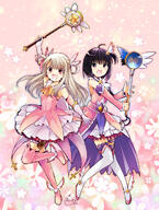 2_females 2_girls ahoge arm_up artist_name ascot asymmetrical_hair bangs bare_shoulders black_hair blonde_hair blush bob_cut boots company_connection cosplay cross crossover d detached_sleeves dress dual_persona duo elbow_gloves excited eyes face facial_expression fate fategrand_order fatekaleid_liner_prisma_illya fate_(series) fate_kaleid_liner_prisma_illya female floral_background flower_(flowers) foot_up footwear fringe full-length_portrait full_body girl gloves hair hair_between_eyes hair_ornament high_resolution holding holding_object holding_wand illyasviel_von_einzbern itai_no_wa_iya_nano_de_bougyoryoku. itai_no_wa_iya_nano_de_bougyoryoku_ni_kyokufuri_shitai_to_omoimasu knees_together_feet_apart legwear lolibooru.moe long_hair looking_at_viewer magical_girl magical_ruby magical_sapphire maple_(bofuri) maple_(itai_no_wa_iya_nano_de_bougyoryoku) multiple_females multiple_girls official_art one_side_up open_mouth pink_background pink_dress pink_footwear pink_legwear ponytail prisma_illya prisma_illya_(zwei_form) prisma_illya_(zwei_form)_(cosplay) promotional_art purple_eyes raised_eyebrows red_eyes safe sankaku_channel short_hair short_ponytail shoulders side-by-side side_ponytail signature silver_hair silver_link simple_background skirt sleeveless sleeveless_dress smile staff standing standing_on_one_leg star_(symbol) suzune_yuuji tall_image thigh-highs thigh_boots thighhighs tied_hair tiptoes two-tone_dress two_side_up wand white_ascot white_dress white_footwear white_gloves white_legwear winged_footwear yellow_ascot zettai_ryouiki // 909x1200 // 897.5KB