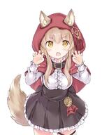 1_female 1girl >o animal_ear_fluff animal_ears animal_tail black_skirt blush capelet center_frills claw_pose clothing cowboy_shot danbooru ears ears_through_headwear explicit fang female frilled_cuffs frilled_skirt frills gelbooru high-waist_skirt hood hood_up hooded_capelet light_brown_hair long_hair long_sleeves looking_at_viewer o open_mouth original pleated_skirt point_of_view red_capelet red_hood safe safebooru shirt sidelocks simple_background skirt solo tail thigh_strap underbust v-shaped_eyebrows wataame27 white_background white_shirt wolf-chan_(wataame27) wolf_ears wolf_girl wolf_tail yellow_eyes // 634x780 // 67.7KB