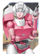 1girl arcee autobot blue_eyes clenched_hand gun head_tilt highres holding holding_gun holding_weapon leaning_to_the_side looking_at_viewer mecha no_humans science_fiction skylock smile solo transformers weapon // 1536x2048 // 2.0MB