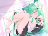 1_female 1girl animal_ear_fluff animal_ears animal_tail ass barefoot black_dress blush cat_ears cat_girl cat_tail catgirl closed_eyes dress ears feet feline_characteristics female fetal_position green_hair hair in_container knees_to_chest legs long_hair lying mikaze_oto on_back original panties pillow pillow_hug ribbon safe short_dress sleeping soles solo tail thighs toes underwear white_panties white_underwear // 1151x856 // 901.4KB