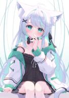 1_female 1girl animal_collar animal_ear_fluff animal_ears animal_tail aqua_eyes aqua_hair babydoll bare_shoulders cat_ears cat_girl cat_tail catgirl clothing collar ears expressionless feline_characteristics female high_resolution highres jacket lingerie long_hair long_sleeves looking_at_viewer mikaze_oto multicolored_hair nightwear off_shoulder open_clothes open_jacket original safe shoulders silver_hair sitting strap_slip streaked_hair tail white_hair // 984x1387 // 1.4MB