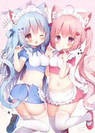 2_females 2_girls 2d_art ;d ahoge animal_ear_fluff animal_ears animal_tail anime-pictures.net apron arm_up arms_raised_up arms_up ass asymmetrical_docking bangs bare_belly blue_bow blue_footwear blue_hair blue_shirt blue_skirt blunt_bangs blush bobby_pin bow breast_press breasts cat_ears cat_girl cat_tail catgirl clothes_lift clothing commentary_request cowboy_shot crop_top docking ears eyebrows eyebrows_visible_through_hair eyes face facial_expression feet feline_characteristics female fish_hair_ornament food-themed_hair_ornament food_themed_hair_ornament girl hair hair_between_eyes hair_bow hair_ornament hair_rings hairclip hand_holding headdress headwear heart heart_hair_ornament high_resolution holding_hands interlocked_fingers jumping kobone_(momozu_komamochi) legs legwear light_erotic lolibooru.moe long_hair looking_at_viewer maid maid_apron maid_attire maid_headdress medium_breasts midriff miniskirt miruku_(momozu_komamochi) momozu_komamochi multiple_females multiple_girls navel nekomimi o one_eye_closed open_mouth original pink_background pink_bow pink_eyes pink_footwear pink_hair pink_shirt pink_skirt pink_tail pixiv_89115122 pointing pointing_at_self puffy_short_sleeves puffy_sleeves purple_eyes questionable red_eyes ribbon safe sankaku sankaku_channel shirt short short_sleeves sidelocks simple_background skindentation skirt skirt_lift sleeves smile soles standing standing_on_one_leg standing_position strawberry_hair_ornament symmetrical_docking tail tall_image thigh-highs thighhighs thighs tied_hair twintails twisted_torso two_side_up uniform white_legwear white_thigh-highs white_thighhighs wink yande.re zettai_ryouiki こぼねちゃんとみるくちゃん 桃豆こまもち@お仕事募集中 // 1488x2082 // 2.4MB