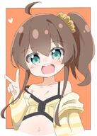 1girl ahoge bangs blush breasts brown_hair camisole collarbone commentary_request crop_top cropped_torso d eyebrows_visible_through_hair eyes green_eyes hair_between_eyes hair_ornament hair_scrunchie hand_up heart highres hololive jacket kapuru_0410 long_sleeves looking_at_viewer natsuiro_matsuri navel off_shoulder open_clothes open_jacket open_mouth orange_background scrunchie side_ponytail small_breasts smile solo strap_slip striped striped_jacket teeth two-tone_background upper_body upper_teeth v virtual_youtuber white_background yellow_camisole yellow_scrunchie // 1500x2100 // 679.8KB