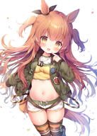 1_female 2d_art animal_ears animal_tail anime-pictures.net bangs black_ribbon black_thighhighs blush bomber_jacket bow breasts brown_hair brown_legwear clothing crop_top d dog_tags ear_ribbon ears eyebrows eyebrows_visible_through_hair face facial_expression female finger_to_mouth fur fur-trimmed_jacket fur_trim girl green_jacket hair high_resolution horse_ears horse_girl horse_tail jacket legs legwear light_erotic loli lolibooru.moe long_hair long_sleeves looking_at_viewer mayano_top_gun_(umamusume) midriff momozu_komamochi navel open_jacket open_mouth orange_hair pixiv_89951928 ribbon safe shirt short_shorts shorts signature simple_background single small_breasts smile solo standing_on_one_leg standing_position stomach tail tall_image thigh-highs thighhighs thighs two_side_up umamusume very_long_hair white_background white_shorts yellow_eyes yellow_shirt マヤノトップガン 桃豆こまもち@お仕事募集中 // 1308x1830 // 1.8MB