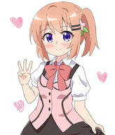 1_female 1girl asymmetrical_hair black_skirt blush bow brown_hair closed_mouth clothing collar collared_shirt commentary_request eyes face facial_expression female gochuumon_wa_usagi_desu_ka gochuumon_wa_usagi_desu_ka? hair_ornament hairclip hand_up heart hoto_cocoa kapuru_0410 looking_at_viewer pink_vest ponytail puffy_short_sleeves puffy_sleeves purple_eyes rabbit_house_uniform red_bow safe shirt short short_sleeves side_ponytail simple_background skirt sleeves smile solo tied_hair uniform vest violet_eyes w waitress white_background white_shirt // 785x921 // 268.4KB