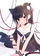 1_female 1girl animal_ear_fluff animal_ears animal_tail arm_support bangs bed black_camisole black_choker black_dress black_hair black_legwear blurry blush bow breasts camisole cat_ears cat_girl cat_tail catgirl choker cleavage collarbone commentary_request depth_of_field dress ears extra_ears eyebrows eyebrows_visible_through_hair eyes fangs feline_characteristics female garter_straps hair hair_ribbon jewelry large_breasts legwear long_hair looking_at_viewer mikaze_oto neck necklace on_bed open_mouth original ponytail red_bow red_eyes red_ribbon ribbon safe simple_background solo spaghetti_strap tail tail_bow tail_ornament thighhighs tied_hair very_long_hair white_background wrist_cuffs // 777x1087 // 706.8KB