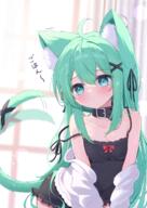1girl ahoge animal_ear_fluff animal_ears black_collar black_ribbon blush breasts cat_ears cat_girl cat_tail cleavage collar commentary_request eyebrows_visible_through_hair green_eyes green_hair hair_between_eyes hair_ornament hair_ribbon highres long_hair mikaze_oto original revision ribbon small_breasts solo tail tail_wagging x_hair_ornament // 1003x1416 // 1.1MB