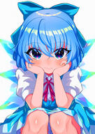 1_female 1girl absurd_resolution absurdres bangs bloomers blue_bow blue_dress blue_eyes blue_hair blue_plan blush bow cirno closed_mouth commentary crossed_bangs dot_nose dress eyebrows eyebrows_visible_through_hair eyes face facial_expression female hair hair_between_eyes hair_bow hands_on_own_face hands_up head_rest high_resolution highres ice ice_wings knees light_smile lolibooru.moe looking_at_viewer neck_ribbon puffy_short_sleeves puffy_sleeves red_ribbon ribbon safe short short_sleeves sleeves smile solo squatting touhou underwear wing_collar wings // 2894x4093 // 12.9MB