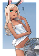 1_female animal_ears animal_tail blonde_hair blush bodily_fluids bunny_ears bunny_tail choker clothes_lift clothing collar dark-skinned_female dark_skin ears erect_nipples erect_nipples_under_clothes eyes female green_eyes hair jewelry navel necklace nipples nipples_visible_through_clothing panties shirt shirt_lift sweat tail tanned top_lift underwear // 2083x2955 // 2.9MB