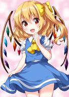 1girl ascot bangs blonde_hair blue_skirt blue_vest blush bow commentary_request cosplay cowboy_shot crystal d daiyousei daiyousei_(cosplay) eyebrows_visible_through_hair flandre_scarlet flat_chest hair_between_eyes hair_bow hand_on_own_chin hand_up highres lolibooru looking_at_viewer no_hat no_headwear one-hour_drawing_challenge one_side_up open_mouth pink_background puffy_short_sleeves puffy_sleeves red_eyes ruu_(tksymkw) safe short_hair short_sleeves simple_background skirt skirt_hold smile solo touhou touhou_project vest wings yellow_ascot yellow_bow yellow_neckwear // 1000x1400 // 941.2KB