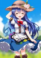 1girl ^_^ black_headwear blue_hair blue_skirt blue_sky blush boots bow bowtie brown_footwear closed_eyes cloud d day eyebrows_visible_through_hair facing_viewer flower food fruit hat highres hinanawi_tenshi leaf lolibooru long_hair open_mouth outdoors peach puffy_short_sleeves puffy_sleeves red_bow red_neckwear ruu_(tksymkw) safe shirt short_sleeves skirt sky smile solo standing touhou touhou_project very_long_hair white_shirt // 1000x1400 // 1021.6KB