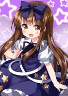 1girl bangs blue_dress blush bow brown_eyes brown_hair crescent_moon d dress eyebrows_visible_through_hair fairy_wings gradient gradient_background hair_bow hair_ornament highres lolibooru long_hair looking_at_viewer moon open_mouth puffy_short_sleeves puffy_sleeves ribbon ruu_(tksymkw) safe shirt short_sleeves smile solo star_(symbol) star_sapphire starfish starry_background touhou touhou_project very_long_hair wings // 1000x1400 // 957.6KB