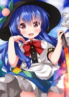 1girl black_headwear blue_hair blue_skirt blush bow bowtie center_frills cowboy_shot d eyebrows_visible_through_hair food frills fruit hair_between_eyes hat highres hinanawi_tenshi holding leaf lolibooru long_hair looking_at_viewer open_mouth peach puffy_short_sleeves puffy_sleeves red_bow red_eyes ruu_(tksymkw) safe shirt short_sleeves skirt smile solo touhou touhou_project very_long_hair white_shirt // 1000x1400 // 1.1MB