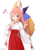 1girl 2d_art absurdres animal_ear_fluff animal_ears bangs blue_ribbon brown_eyes commentary_request double_fox_shadow_puppet extra_ears fateextra fategrandorder fate_(series) fate_extra fgo finger_to_mouth fox_ears fox_girl fox_shadow_puppet fox_tail gelbooru hair_between_eyes hair_ribbon hakama haryuu_(poetto) highres japanese_clothes ku-do light_smile long_hair looking_at_viewer miko musical_note one_eye_closed pink_hair pixiv_453707 pixiv_95435939 ribbon ribbon-trimmed_sleeves ribbon_trim safe short_ponytail simple_background solo tail tamamo_(fate) tamamo_no_mae_(fateextra) tamamo_no_mae_(fate_extra) twitter_username white_background wide_sleeves younger キャス狐 ハリュー〖poetto〗 巫女服 月曜日のロリ玉藻_８週目 玉藻の前 玉藻の前(fate) // 1760x2400 // 1.1MB