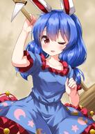1girl animal_ears blue_dress blue_hair bunny_ears crescent crescent_print dress earclip highres kine mallet one-hour_drawing_challenge red_eyes ruu_(tksymkw) seiran_(touhou) short_sleeves solo star_(symbol) star_print touhou touhou_project // 1000x1400 // 976.1KB