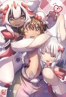 1boy 2girls animal_ears bandam colored_skin dark-skinned_female dark_skin extra_arms faputa furry highres made_in_abyss mechanical_arms monster_girl multiple_girls nanachi_(made_in_abyss) open_mouth regu_(made_in_abyss) safe short_hair valentine white_fur white_hair yellow_eyes // 1402x2048 // 391.4KB