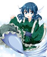 1_female 1girl blue_eyes blue_hair blush commentary_request drill_hair female girl gradient gradient_background head_fins japanese_clothes long_hair looking_at_viewer matching_haireyes mermaid monster_girl mythical open_mouth rakugakiyarou ruu_(tksymkw) safe short_hair simple_background single solo tall_image touhou traditional_clothes wakasagihime white_background wide_sleeves るう２ わかさぎ姫 マーメイドさん＠深夜の真剣お絵描き60分一本勝負 東方 淡水に棲む人魚 // 800x960 // 571.0KB