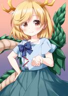 1girl antlers blonde_hair blue_shirt blush closed_mouth collarbone dragon_horns dragon_tail green_skirt highres horns kicchou_yachie pleated_skirt red_eyes ruu_(tksymkw) shirt short_hair short_sleeves skirt smile solo tail touhou turtle_shell yellow_horns // 1000x1400 // 881.7KB