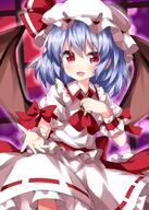 1girl ascot bangs bat_wings blue_hair blush cowboy_shot dress eyebrows_visible_through_hair frilled_shirt_collar frills hair_between_eyes hat hat_ribbon highres jewellery looking_at_viewer mob_cap open_mouth puffy_short_sleeves puffy_sleeves red_eyes red_ribbon remilia_scarlet ribbon ruu_(tksymkw) sash short_hair short_sleeves skirt solo touhou touhou_project wings wrist_cuffs // 1000x1400 // 1018.2KB