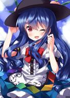 1girl ;d bangs black_headwear blue_hair blue_skirt blush bow bowtie center_frills eyebrows_visible_through_hair food frills fruit hair_between_eyes hat highres hinanawi_tenshi leaf long_hair looking_at_viewer one_eye_closed open_mouth peach puffy_short_sleeves puffy_sleeves rainbow_order red_bow red_eyes ruu_(tksymkw) shirt short_sleeves skirt smile solo touhou touhou_project very_long_hair white_shirt // 1000x1400 // 1.1MB