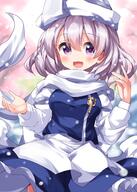 1girl breasts clothing female hat headwear high_resolution lapel_pin letty_whiterock light_purple_eyes light_purple_hair one-hour_drawing_challenge open_mouth purple_hair ruu_(tksymkw) scarf short_hair small_breasts smile snow snowing solo touhou touhou_project white_headwear white_neckwear white_scarf // 1000x1400 // 1.1MB