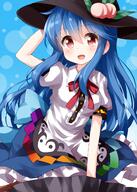 1girl bangs black_headwear blouse blue_background blue_hair blue_skirt center_frills eyebrows eyebrows_visible_through_hair female food frilled_skirt frills fruit gradient gradient_background hair_between_eyes hand_on_headwear hat highres hinanawi_tenshi keystone leaf lolibooru long_hair looking_at_viewer neck_ribbon open_mouth peach puffy_short_sleeves puffy_sleeves rainbow_order red_eyes red_neckwear red_ribbon ribbon ruu_(tksymkw) safe short_sleeves skirt smile solo touhou touhou_project white_blouse // 1000x1400 // 1006.9KB