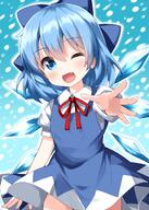 1girl blue_bow blue_dress blue_eyes blue_hair blush bow cirno collared_shirt cowboy_shot detached_wings dress eyebrows_visible_through_hair fairy fang hair_between_eyes hair_bow highres ice ice_wings one_eye_closed open_mouth puffy_short_sleeves puffy_sleeves ruu_(tksymkw) safe shirt short_hair short_sleeves smile solo touhou touhou_project white_shirt wings // 1000x1400 // 939.1KB