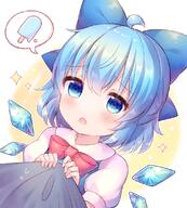 1girl 1other ahoge bangs blue_bow blue_dress blue_eyes blue_hair blush bow bowtie cirno collared_shirt commentary_request dress fingernails food hair_between_eyes hands_up ice ice_cream ice_wings long_fingernails looking_at_another looking_up open_mouth pjrmhm_coa puffy_short_sleeves puffy_sleeves red_bow red_bowtie shirt short_hair short_sleeves speech_bubble star_(symbol) touhou white_background white_shirt wings yellow_background // 1000x1113 // 155.3KB