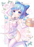 1girl baozi blue_bow blue_eyes blue_footwear blue_hair blush bow china_dress chinese_clothes cirno detached_wings dress elbow_gloves eyebrows_visible_through_hair fairy flower food gloves hair_between_eyes hair_bow high_heels ice ice_wings lolibooru mouth_hold petals pink_flower pjrmhm_coa safe short_hair solo thighhighs touhou touhou_project white_dress white_gloves white_legwear white_thighhighs wings // 715x1000 // 109.7KB