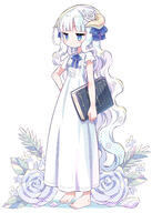 1girl amimi arm_behind_back bangs barefoot blue_bow blue_bowtie blue_eyes blunt_bangs book bow bowtie child dot_mouth dot_nose dress female_child flower frilled_sleeves frills full_body hair_bow hair_flower hair_ornament halftone highres holding holding_book horns leaf light_blush long_dress looking_ahead original rose short_sleeves simple_background solo standing toes wavy_hair white_background white_dress white_flower white_hair white_rose // 1030x1445 // 861.4KB