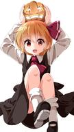 1_female arms_up ascot bent_knee_(knees) black_dress blonde_hair dress female fringe girl hair_ornament hair_ribbon halloween jack-o'-lantern long_sleeves looking_at_viewer mature open_mouth orange_hair pov red_eyes ribbon ribbon_(ribbons) rumia ruu_(tksymkw) safe shirt short_hair simple_background single sitting smile solo tall_image touhou white_background // 618x1100 // 329.7KB