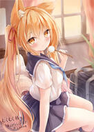 1girl animal_ear_fluff animal_ears bag black_sailor_collar black_skirt black_socks blonde_hair blue_neckerchief blush brown_eyes closed_mouth commentary_request commission curtains feet_out_of_frame fox_ears fox_girl fox_tail hair_ribbon hand_up highres holding indoors kata_rosu kneehighs looking_at_viewer looking_to_the_side mimikaki neckerchief on_bed original pillow pleated_skirt red_ribbon ribbon sailor_collar school_bag school_uniform serafuku shirt short_sleeves sitting sitting_on_bed skeb_commission skirt smile socks solo tail translation_request twintails twitter_username white_shirt window // 1158x1637 // 1.4MB