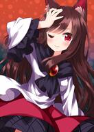 1girl animal_ears blush brown_hair closed_mouth cowboy_shot dress female frilled_sleeves frills high_resolution imaizumi_kagerou jewelry long_hair long_sleeves one_eye_closed red_eyes ruu_(tksymkw) smile solo tail touhou touhou_project white_dress wide_sleeves wink wolf_ears wolf_tail // 1000x1400 // 839.7KB