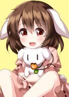1girl animal animal_ears bangs brown_hair bunny bunny_ears carrot_necklace d dress eyebrows_visible_through_hair floppy_ears highres holding holding_animal in_mouth inaba_mob_(touhou) inaba_tewi jewellery lolibooru looking_at_viewer necklace open_mouth pink_dress puffy_short_sleeves puffy_sleeves rabbit_ears rabbit_tail ruu_(tksymkw) safe short_hair short_sleeves simple_background sitting smile solid_oval_eyes tail touhou touhou_project yellow_background // 1000x1400 // 694.8KB