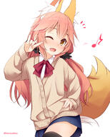 1girl 2d_art ;d absurdres aged_down animal_ear_fluff animal_ears bangs black_legwear black_scrunchie black_thighhighs blue_skirt brown_eyes commentary_request cowboy_shot extra_ears fateextra fategrandorder fate_(series) fate_extra fgo fox_ears fox_girl fox_tail hair_between_eyes hair_ornament hair_scrunchie hand_on_hip haryuu_(poetto) highres jacket ku-do light_blush long_hair long_sleeves looking_at_viewer low_twintails musical_note one_eye_closed open_mouth pink_hair pixiv_453707 pixiv_97559718 safe scrunchie seikan_hikou simple_background skirt smile solo tail tamamo_(fate) tamamo_no_mae_(fateextra) tamamo_no_mae_(fate_extra) thighhighs twintails twitter_username white_background zettai_ryouiki キャス狐 キラッ☆ ハリュー〖poetto〗 制服 月曜日のロリ玉藻_２１週目 玉藻の前 玉藻の前(fate) // 1920x2400 // 1.3MB