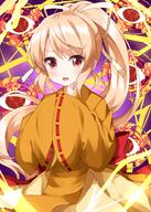 1girl bangs blonde_hair blush cowboy_shot d dress eyebrows_visible_through_hair hands_in_opposite_sleeves high_resolution highres long_hair long_sleeves looking_at_viewer open_mouth orange_dress ponytail purple_background red_eyes ribbon-trimmed_sleeves ribbon_trim ruu_(tksymkw) safe smile solo standing tied_hair touhou touhou_(pc-98) touhou_project wide_sleeves yuugenmagan // 1000x1400 // 1.1MB