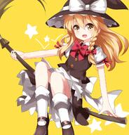 1girl bangs black_footwear black_headwear black_skirt black_vest blonde_hair bow bowtie braid broom broom_riding d female frilled_hat frills hair_bow hat hat_bow highres holding holding_broom kirisame_marisa lolibooru long_hair looking_at_viewer open_mouth petticoat puffy_short_sleeves puffy_sleeves red_bow red_bowtie red_neckwear ruu_(tksymkw) safe shirt short_sleeves side_braid simple_background single_braid sitting skirt smile solo star_(symbol) touhou touhou_project vest white_bow white_legwear white_shirt witch_hat yellow_background yellow_eyes // 1200x1255 // 754.3KB