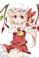 1_female 1girl ascot asymmetrical_hair blonde_hair blush bonnet bow crystal female flandre_scarlet girl hat hat_bow hat_ribbon jewelry long_hair looking_at_viewer looking_away mob_cap one_side_up open_mouth pink_eyes ponytail puffy_short_sleeves puffy_sleeves rakugakiyarou red_eyes ribbon ruu_(tksymkw) safe shirt short_hair short_sleeves side_ponytail simple_background single sitting skirt skirt_set socks solo striped tall_image tied_hair touhou tsurukou very_long_hair vest wariza white_background white_legwear white_socks wings wrist_cuffs // 675x1000 // 346.6KB