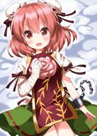 1girl bandaged_arm bandages bun_cover chinese_clothes cuffs double_bun flower hair_bun highres ibaraki_kasen one-hour_drawing_challenge pink_eyes pink_flower pink_hair pink_rose rose ruu_(tksymkw) shackles solo tabard touhou // 1000x1400 // 1.0MB