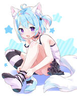 1girl ahoge amimi animal_ear_fluff animal_ears aqua_footwear bangs beads black_collar black_skirt blue_hair bone camisole collar colored_inner_hair commission d dog_ears dog_girl dog_tail dot_nose dressing feet frilled_skirt frills full_body hair_beads hair_ornament highres knee_up light_blue_hair looking_at_viewer multicolored_hair one_side_up original pink_hair purple_eyes shadow short_hair sitting skeb_commission skirt smile solo star_(symbol) strap_slip striped striped_thighhighs tail thighhighs white_background white_camisole white_tail // 1246x1564 // 964.3KB