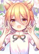 1girl animal_ears bangs blonde_hair blush bow brown_hair double_fox_shadow_puppet eyebrows_visible_through_hair eyes_visible_through_hair fingernails floral_background flower fox_ears fox_shadow_puppet gradient gradient_hair green_bow hair_between_eyes hands_up highres kudamaki_tsukasa leaf light_brown_hair long_fingernails looking_at_viewer multicolored_hair open_mouth pink_flower pjrmhm_coa romper safe short_hair short_sleeves smile solo touhou upper_body white_romper yellow_eyes // 1000x1399 // 199.1KB