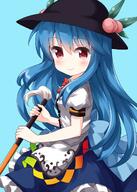1girl bangs black_headwear blue_background blue_hair blue_skirt bow bowtie buttons closed_mouth eyebrows eyebrows_visible_through_hair female food fruit highres hinanawi_tenshi holding holding_sword holding_weapon leaf lolibooru long_hair looking_at_viewer peach puffy_short_sleeves puffy_sleeves rainbow_gradient rainbow_order red_bow red_eyes red_neckwear ruu_(tksymkw) safe shirt short_sleeves simple_background skirt smile solo standing sword sword_of_hisou touhou touhou_project weapon white_shirt // 1000x1400 // 822.2KB
