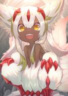 1girl akuma_(st.takuma) animal_ears bangs breasts claws commentary d dark-skinned_female dark_skin extra_arms fanart fanart_from_pixiv fangs faputa female hair_between_eyes highres long_hair looking_at_camera looking_at_viewer made_in_abyss monster_girl multiple_tails nude open_mouth pixiv pixiv_id_12312814 safe sharp_teeth small_breasts smile solo squatting st-takuma tail teeth white_fur white_hair yellow_eyes ファプタ メイドインアビス 亜熊 // 1446x2039 // 1.3MB