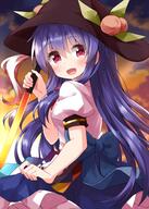 1girl bangs black_headwear blue_hair blue_skirt blush bow cloud cowboy_shot d eyebrows_visible_through_hair food fruit hair_between_eyes hat highres hinanawi_tenshi holding holding_sword holding_weapon leaf lolibooru long_hair looking_at_viewer open_mouth peach petticoat puffy_short_sleeves puffy_sleeves red_eyes ruu_(tksymkw) safe shirt short_sleeves skirt sky smile solo standing sunset sword sword_of_hisou touhou touhou_project very_long_hair weapon white_shirt // 1000x1400 // 1.1MB